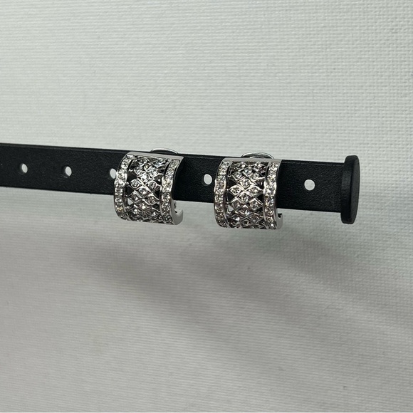 Vintage Silver Tone Rhinestone Hoop Clip On Earrings - Picture 7 of 9